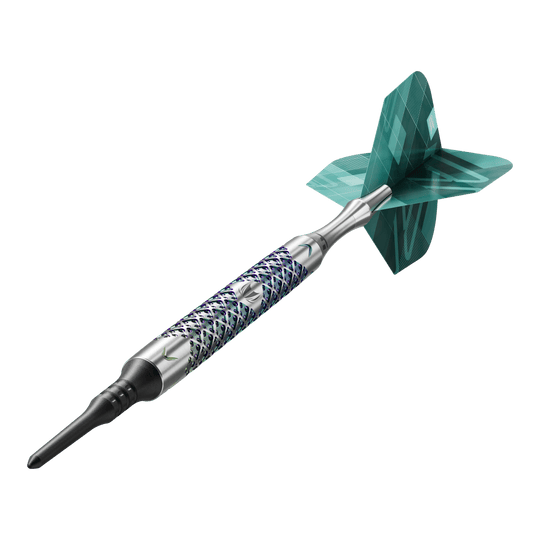 Target Rove 10 Soft Darts Das Bild zeigt einen einzelnen Target Rove 10 Softdart. Der Dart hat ein silbernes, gemustertes Barrel und grüne Flights.