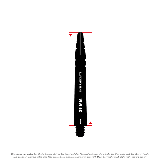 Das Bild zeigt einen schwarzen Red Dragon Nitrotech Peter Wright Shaft mit einer Länge von 39 mm. Die Länge wird von der Oberkante bis zum Ende des Gewindes ohne das Gewinde gemessen.