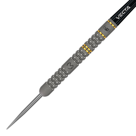 Winmau Michael Van Gerwen Evo-X steel darts Dies ist ein Winmau Michael Van Gerwen Evo-X Steeldart. Der Dartpfeil hat ein silbernes Barrel mit gelben Akzenten und einer schwarzen Spitze.