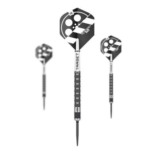 Target Chris Dobey Hollywood Action Swiss Point Steeldarts Das Bild zeigt drei Steeldarts des Modells „Target Chris Dobey Hollywood Action Swiss Point“. Die Flights der Darts sind schwarz-weiß gestaltet und mit einem Filmklappen-Motiv bedruckt.