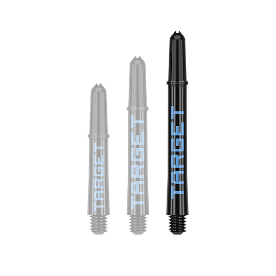 Auf dem Bild sind drei schwarze Dart-Schäfte in verschiedenen Längen zu sehen. Auf jedem Schaft steht das Wort "TARGET" in blauer Schrift.