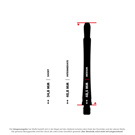 Das Bild zeigt drei verschieden lange Target Grip Style Aluminium Shafts in Rot. Die Längen sind als Short (34,5 mm), Intermediate (42,2 mm) und Medium (48,5 mm) dargestellt.