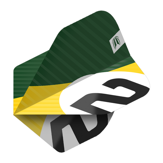 Das Bild zeigt ein Dart-Flight mit grünem, gelbem und weißem Design sowie der Nummer 2. Es handelt sich um das Produkt "Target Pro Ultra Chicane Green No2 Standard Flights - 3 Sets".