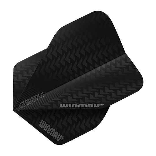 Das Bild zeigt die Winmau Prism Delta 6915.200 Standard-Flights in Schwarz mit einem Pfeilmuster. Auf den Flights ist der Markenname "Winmau" zu sehen.