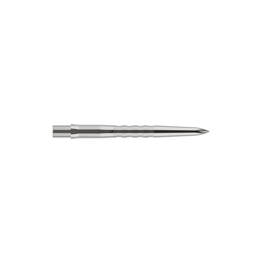 Mission Caliburn EVO Dart Tips - Grooved - Silver Auf dem Bild ist eine silberne, gerillte Steeldartspitze zu sehen. Sie ist schmal, lang und hat eine spitze Vorderseite.