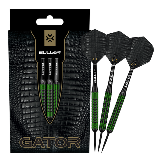 Zu sehen sind die Bullet Gator Brass Steeldarts - 22g in voller Ansicht. Sie sind aus Messing gefertigt und wiegen 22 Gramm.