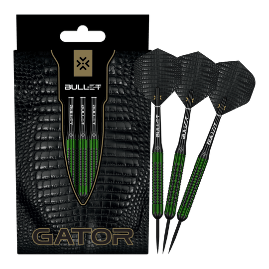 Bullet Gator Brass Steel Darts - 22g Zu sehen sind die Bullet Gator Brass Steeldarts - 22g in voller Ansicht. Sie sind aus Messing gefertigt und wiegen 22 Gramm.