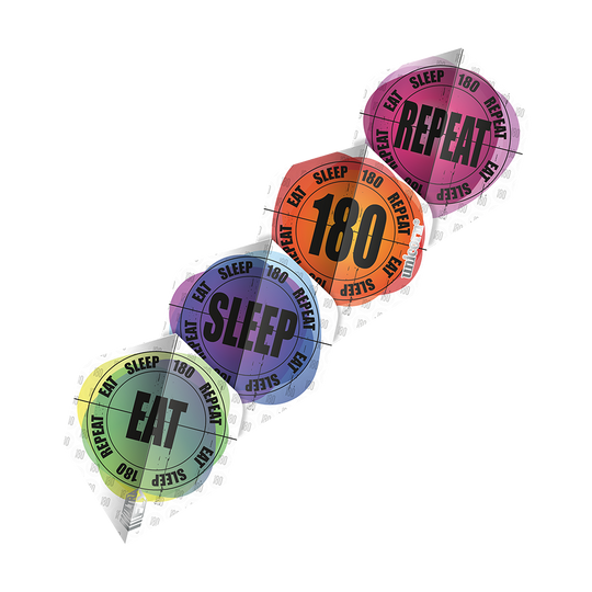 Das Bild zeigt vier verschiedene Dart-Flights mit den Aufschriften "EAT", "SLEEP", "180" und "REPEAT". Jeder Flight hat eine eigene Farbe und das Motiv ist kreisförmig gestaltet.