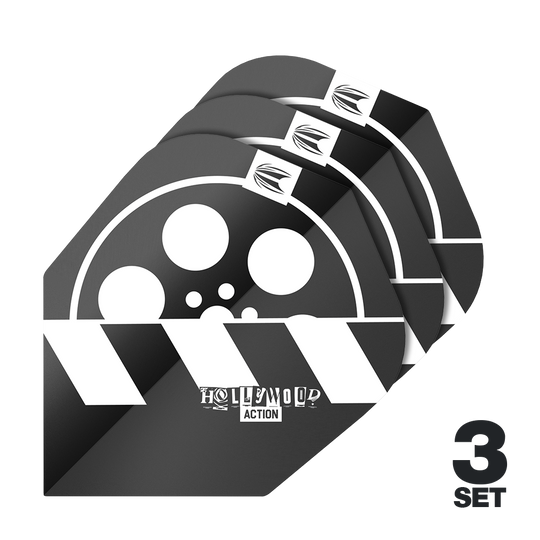 Target Pro Ultra Chris Dobey Hollywood Action No6 Flights - 3 Sets Das Bild zeigt drei Sets der Target Pro Ultra Chris Dobey Hollywood Action No6 Flights. Die Flights haben ein schwarz-weißes Design mit einem Filmrollen- und Klappenmotiv sowie dem Schriftzug "Hollywood Action".