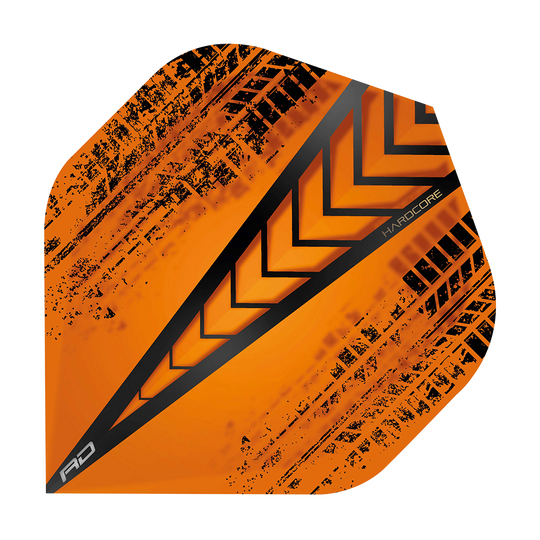 Das Bild zeigt ein Hardcore Radical Orange Standard Flight von Red Dragon. Es hat ein auffälliges orangefarbenes Design mit schwarzen Pfeil- und Musterakzenten.