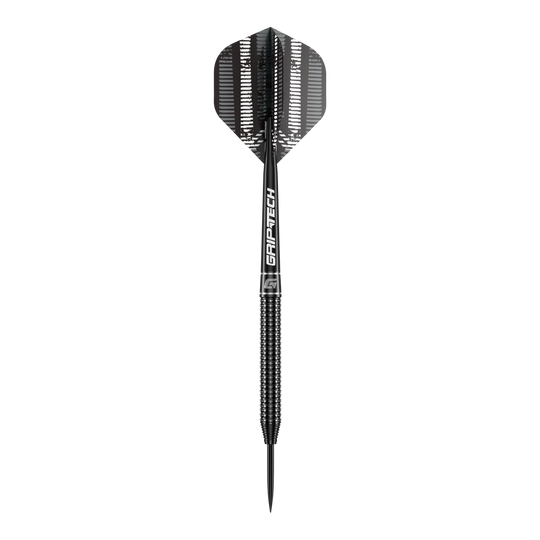 GOAT Sprocket Tungsten Steel Darts Das Bild zeigt einen einzelnen GOAT Sprocket Tungsten Steeldart. Der Dart hat ein modernes, schwarzes Design mit dem Schriftzug "GRIPTECH" auf dem Schaft.