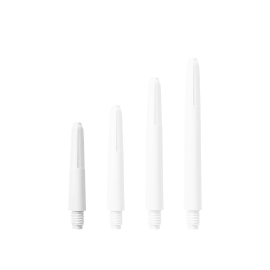 580_Nylon_Shafts_Schneeweiss_28mm_17X1lG3aiJNJlV Das Bild zeigt vier Nylon Shafts in Schneeweiß, die in unterschiedlichen Längen angeordnet sind. Sie haben ein Schraubgewinde an einem Ende.