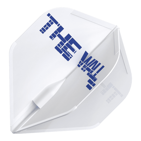 Das Bild zeigt ein weißes Dart-Flight mit dem blauen Schriftzug "THE WALL". Es handelt sich um das Produkt "L-Style Martin Schindler Weiß L1EZ Flights".