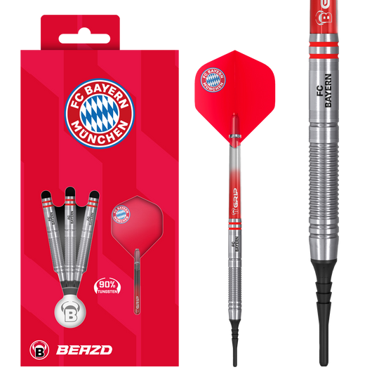 Beazd FC Bayern Munich Tungsten Soft Darts - 18g Das Beazd FC Bayern München Tungsten Softdarts – 18g Set liegt nebeneinander. Logos und Barrel-Muster sind klar erkennbar.