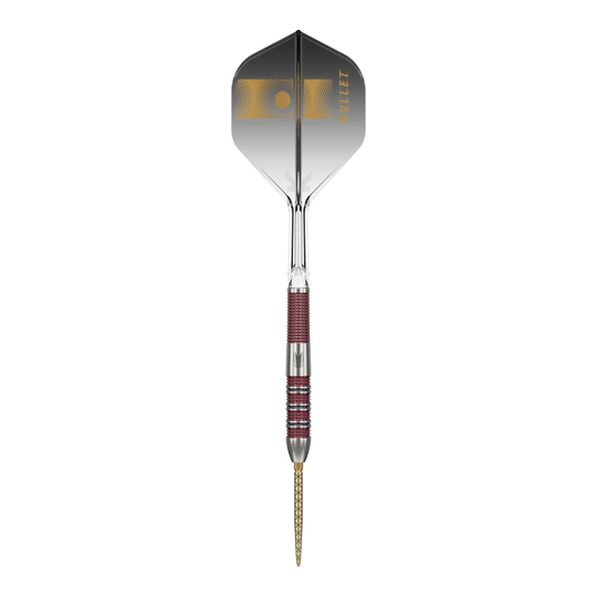 Das Bild zeigt einen Target Stephen Bunting 95K Swiss Point Steeldart. Der Dart hat ein elegantes Design mit einer Mischung aus silbernen und roten Elementen sowie einer schwarzen Flügel mit goldener Aufschrift.