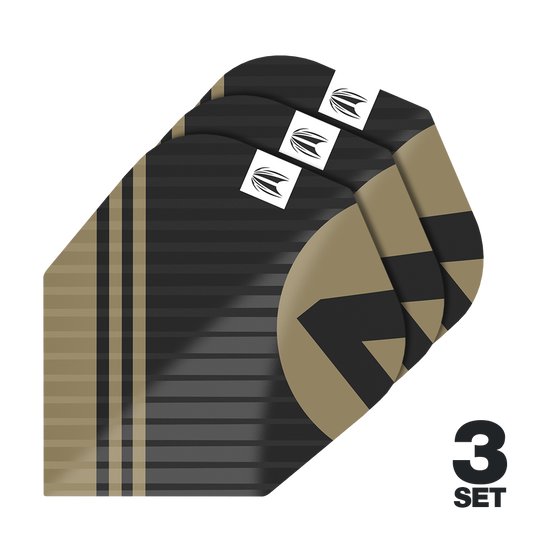Das Bild zeigt die "Target Pro Ultra Chicane Black No6 Flights" in einem schwarz-goldenen Design. Es sind insgesamt 3 Sets der Flights abgebildet.