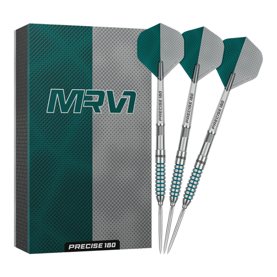 Hier sieht man die Precise 180 MRV1 Steeldarts - 23g in voller Länge. Sie sind ideal für genaue Würfe im Dartspiel.