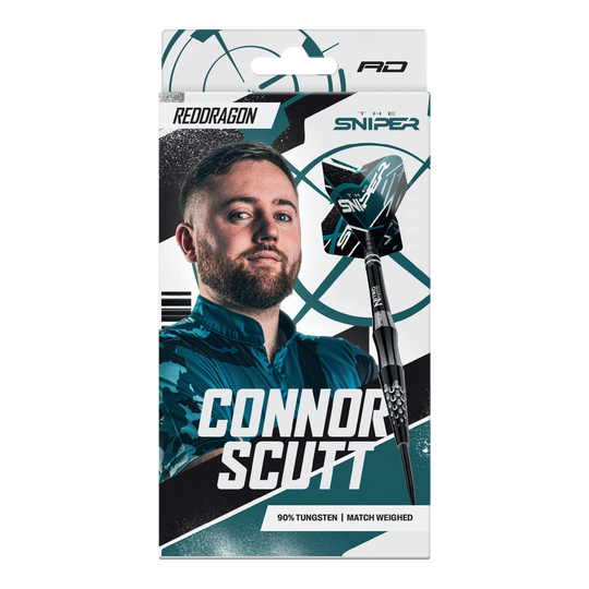 Gezeigt wird das Produkt Red Dragon Connor Scutt The Sniper Steeldarts - 22g. Die Steeldarts sind robust und perfekt ausbalanciert.