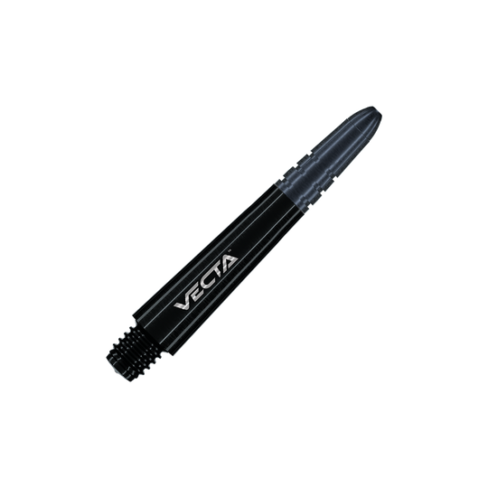 7025-101_Winmau_Vecta_Shafts_Schwarz_34mm_2 Das Bild zeigt einen schwarzen Dartshaft mit der Aufschrift "VECTA". Der Shaft besteht aus Metall und hat eine Länge von 34 mm.