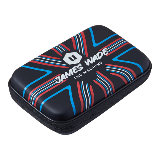 Unicorn Ultra James Wade dart wallet Das Bild zeigt ein Dartwallet mit dem Aufdruck "James Wade The Machine". Das Etui ist schwarz mit roten, blauen und weißen Designelementen.