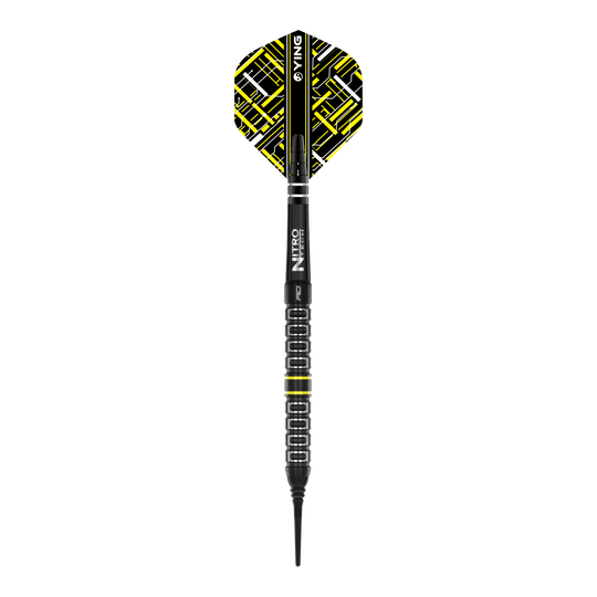 Red Dragon Astraeus Q4X Parallel Softdarts - 20g Das Bild zeigt einen Red Dragon Astraeus Q4X Parallel Softdart mit einem Gewicht von 20g. Der Dart hat schwarze und gelbe Designelemente und eine strukturierte Griffzone.