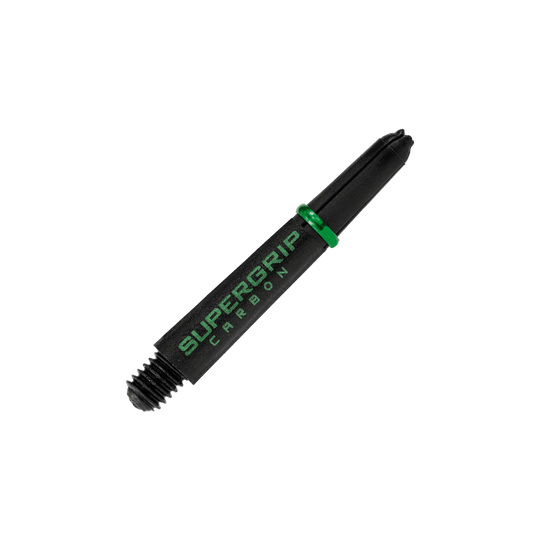 HR360_Harrows_Supergrip_Carbon_Shafts_Gr-n_33mm_2 Das Bild zeigt einen Harrows Supergrip Carbon Shaft in Grün. Der Schaft ist schwarz mit grüner Aufschrift und grünen Akzenten.