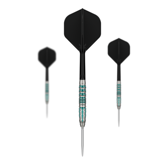 Target Japan Black Marque Pierce Swiss Point Steel Darts Das Bild stellt das Target Japan Black Marque Pierce Swiss Point Steeldarts Set dar. Es handelt sich um hochwertige Darts für professionelle Ansprüche.