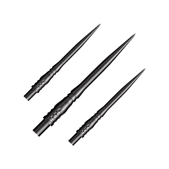 Shot Cone Rocket Steel Dart Tips - Black - 35mm Das Bild zeigt drei schwarze Steeldart-Spitzen des Modells "Shot Cone Rocket" mit einer Länge von 35 mm. Die Spitzen sind schlank, spitz zulaufend und haben ein filigranes Design.