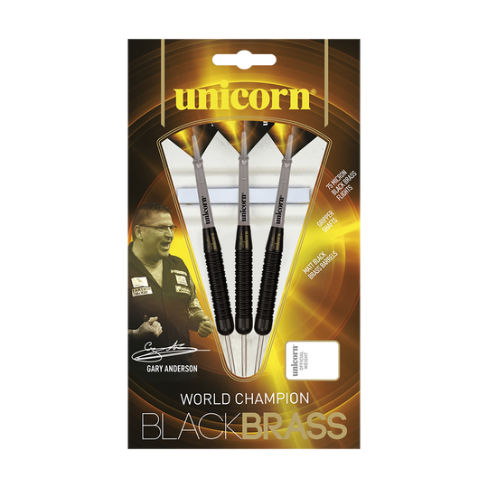 Auf dem Bild ist eine Verpackung der "Unicorn Black Brass Gary Anderson V1 Steeldarts" zu sehen. Die Packung zeigt drei schwarze Darts sowie ein Bild von Gary Anderson und hebt die Eigenschaften der Darts hervor.