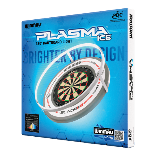 Winmau Plasma Ice LED Dartboard Light Die Abbildung zeigt die Verpackung des "Winmau Plasma Ice LED Dartboard Light". Das Produkt bietet eine 360° Beleuchtung für Dartboards.
