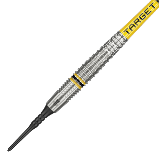 Target Scott Williams GEN2 soft darts - 18g Das Bild zeigt einen Target Scott Williams GEN2 Softdart mit einem Gewicht von 18 Gramm. Der Dart hat silberne Rillen und gelbe Akzente sowie die Aufschrift "TARGET" auf dem Schaft.