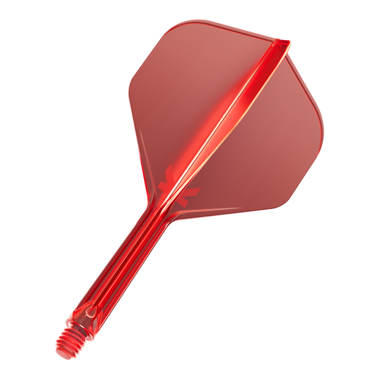 Dies ist ein rotes Dartflight mit einem integrierten Schaft. Das Material sieht durchsichtig und stabil aus.