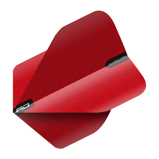 Das Bild zeigt die Red Dragon Hardcore Red Standard Flights. Sie haben ein auffälliges rotes Muster mit schwarzen Akzenten und Schriftzügen.