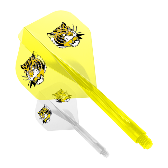 Das Bild zeigt zwei Dart-Flights des Modells "Condor AXE Inazuma Tiger Mix Flight-System" in Gelb und Transparent. Beide Flights sind mit einem Tigerkopf-Motiv bedruckt.