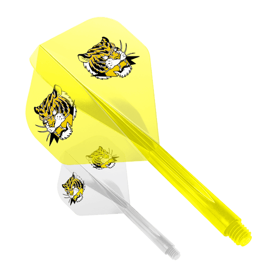 Condor AX Inazuma Tiger Mix Flight System Yellow Clear - Standard Das Bild zeigt zwei Dart-Flights des Modells "Condor AXE Inazuma Tiger Mix Flight-System" in Gelb und Transparent. Beide Flights sind mit einem Tigerkopf-Motiv bedruckt.