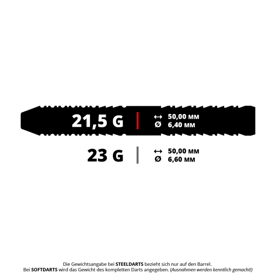 Target Japan Black Marque Draco GEN2 steel darts Das Bild zeigt zwei verschiedene Gewichtsoptionen für Steeldarts: 21,5 g und 23 g. Beide Varianten haben eine Länge von 50,00 mm, unterscheiden sich jedoch im Durchmesser (6,40 mm und 6,60 mm).