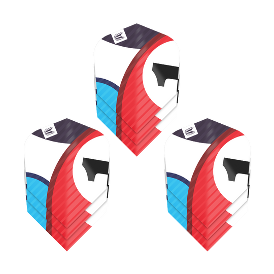 Das Bild zeigt drei Sätze der Target Pro Ultra Chicane Blue Ten-X Flights. Die Flights haben ein farbenfrohes Design mit Blau, Rot, Schwarz und Weiß.