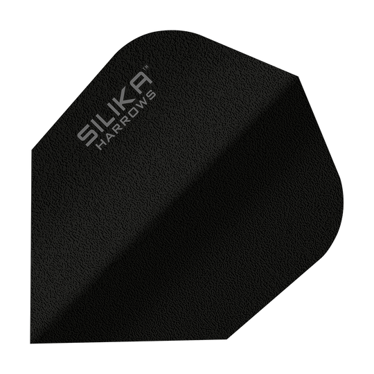 Das Bild zeigt einen schwarzen Dartflight mit der Aufschrift "SILIKA HARROWS". Es handelt sich um das Modell "Silika Solid Tough Crystalline Coating Black No6".
