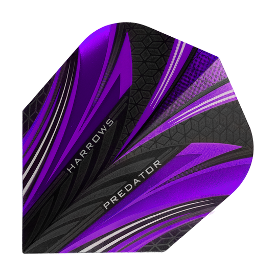 Dies ist ein Harrows Prime Predator Purple No2 Standard Flight für Dartpfeile. Das Flight hat ein auffälliges Design in Lila, Schwarz und Silber mit geometrischen Mustern.