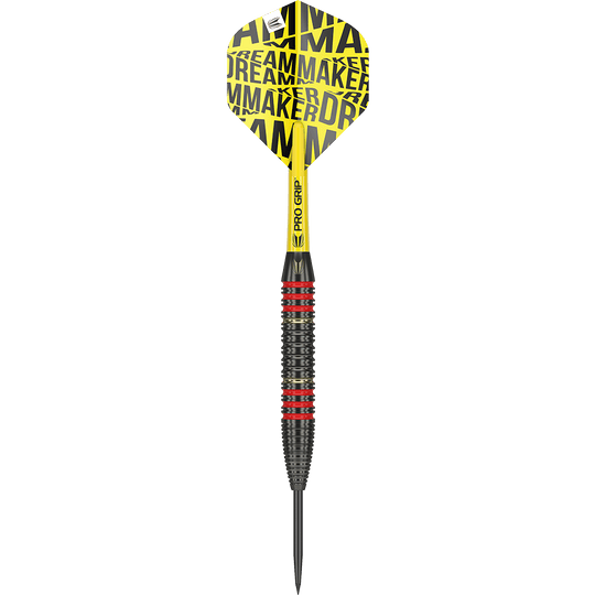170007_Target_Dimitri_Van_Den_Bergh_Brass_Steeldarts_10vyhbiogUP10N Das Bild zeigt einen Target Dimitri Van Den Bergh Brass Steeldart mit einem Gewicht von 22g. Der Dart hat eine gelbe Flight mit dem Aufdruck "DREAMMAKER" und einen schwarz-roten Griff.