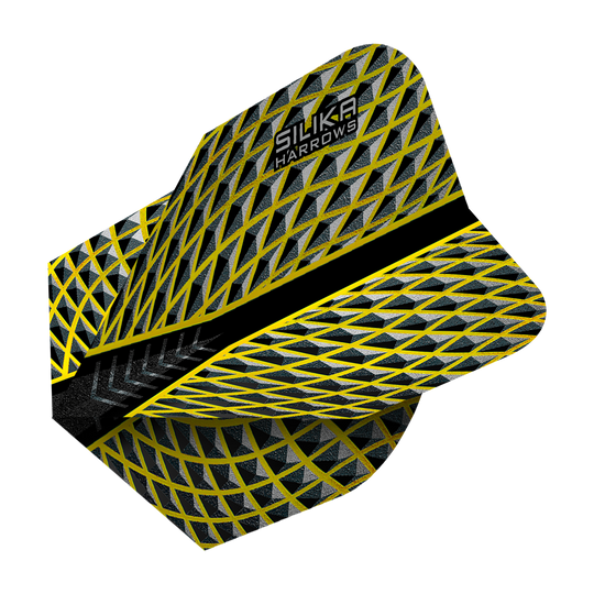 HR86_Harrows_Silika_Yellow_No6_Flights_2 Das Bild zeigt das Produkt „Harrows Silika Yellow No6 Flights“. Die Dart-Flights haben ein gelb-schwarzes Muster mit silbernen Akzenten und dem Aufdruck „Silika Harrows“.