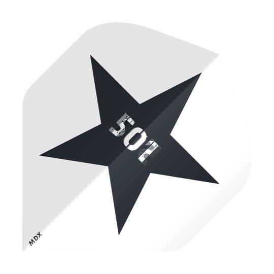 MD-650_2-Seitig_Bedruckte_Clear_Flights_Logo_oder_Bilddruck_3 Das Bild zeigt einen bedruckten Dart-Flight mit einem großen schwarzen Stern in der Mitte. In der Mitte des Sterns steht die Zahl "501", und unten links ist die Aufschrift "MDX" zu sehen.