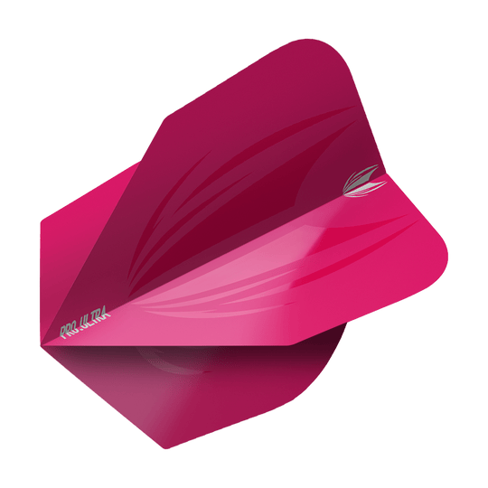 Das Bild zeigt ein Dart-Flight in leuchtendem Pink mit dem Namen "Target ProUltra ID Pink No6 Flights". Das Flight hat ein modernes Design mit glänzenden Akzenten und einem kleinen Logo auf der Seite.