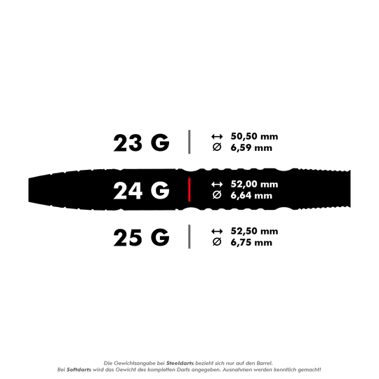 Das Bild zeigt drei verschiedene Steeldarts mit den Gewichten 23 g, 24 g und 25 g sowie deren jeweilige Maße. Die Maße für Länge und Durchmesser sind für jedes Gewicht angegeben.