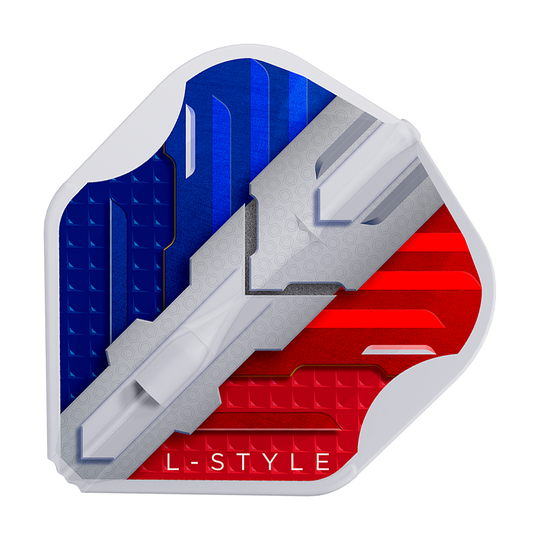 Das Bild zeigt ein Dartflight mit den Farben der französischen Flagge in Blau, Weiß und Rot. Unten steht der Schriftzug "L-STYLE".
