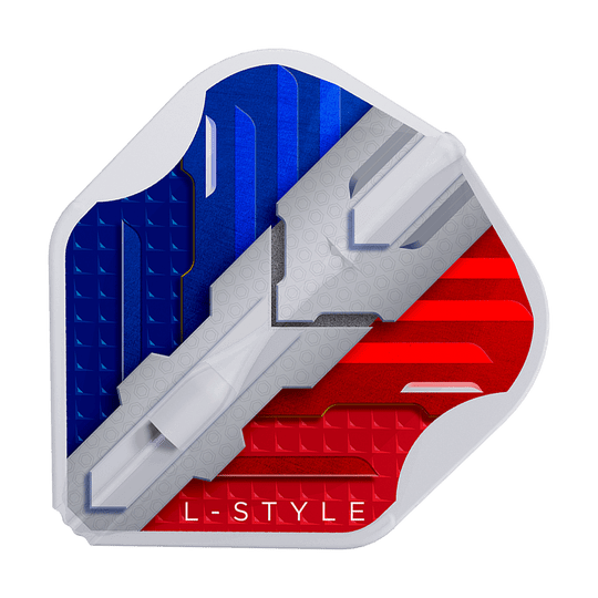 L-Style V-Series V1 Type B France Clear White L1EZ Flights Das Bild zeigt ein Dartflight mit den Farben der französischen Flagge in Blau, Weiß und Rot. Unten steht der Schriftzug "L-STYLE".