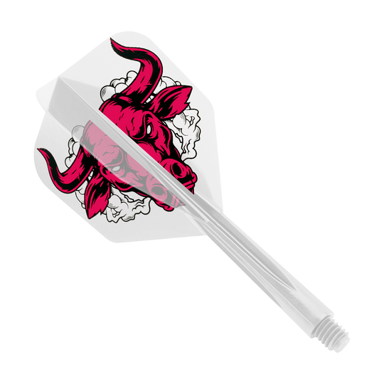 Condor Ax Aussie Bull Clear Flight System Small Das Bild zeigt einen klaren Dart-Flight mit einem roten Stierkopf-Design. Es handelt sich um das Produkt „Condor Axe Aussie Bull Clear Flight-System Small“.