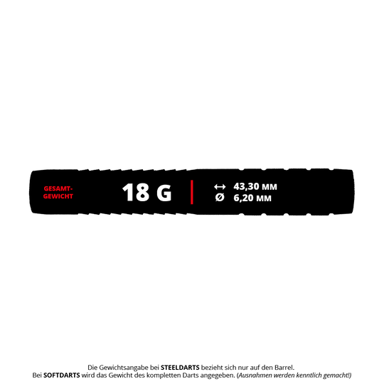 Auf dem Bild sind McDart Ringed Shark Softdart Barrels mit einem Gewicht von 18g zu sehen. Sie sind Dartbarrels mit einem Ringdesign für Softdarts.