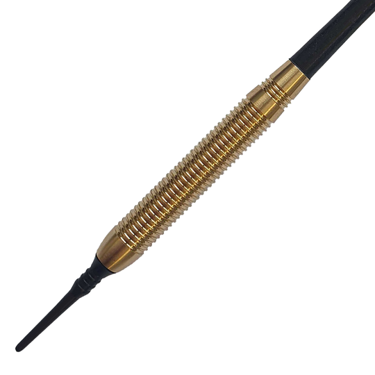 8010_Grey_One_Golden_Softdarts_2 Das Bild zeigt einen Softdartpfeil mit einem goldfarbenen, geriffelten Barrel. Es handelt sich um das Produkt "Grey One Golden Softdarts - 18g".