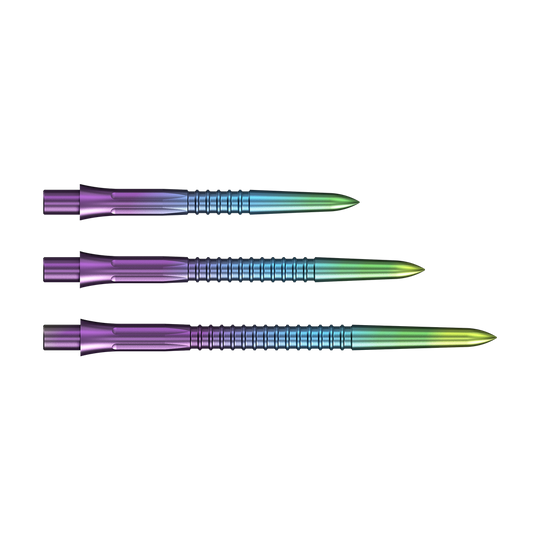 Mission Caliburn EVO dart tips GV1 - Rainbow Hier sind die Mission Caliburn EVO Dartspitzen GV1 in Rainbow-Farben abgebildet. Sie bieten ein auffälliges Design für Dartspieler.
